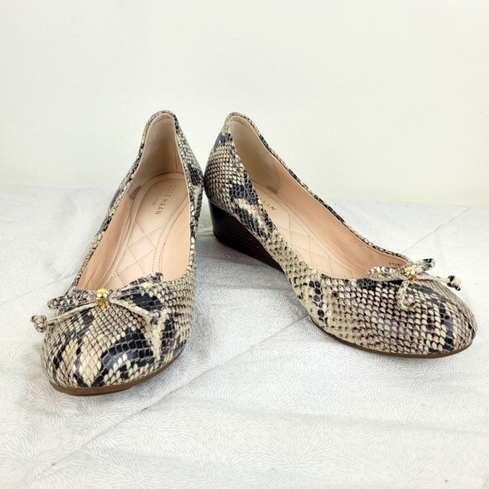 Cole Haan Tali Grand tan snakeskin leather ballet wedge bow small gold accent 7